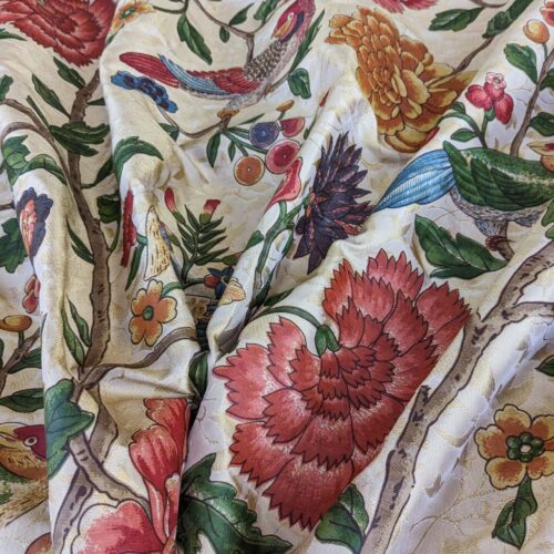 454385785_425614599933629_5362964861265924351_n 3 yards Scalamandre Troutbeck Multi on Gold Botanical Floral Birds Parrot Kanchou