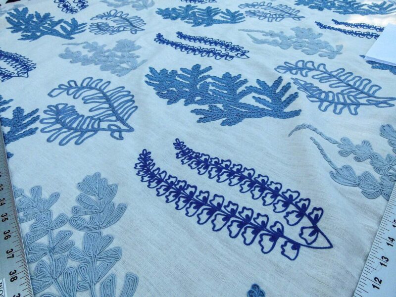 P1100887 Scalamandre Harbor Blue Seaweeds Ocean Plants Coral Reef Embroidery Linen MSRP USD 288