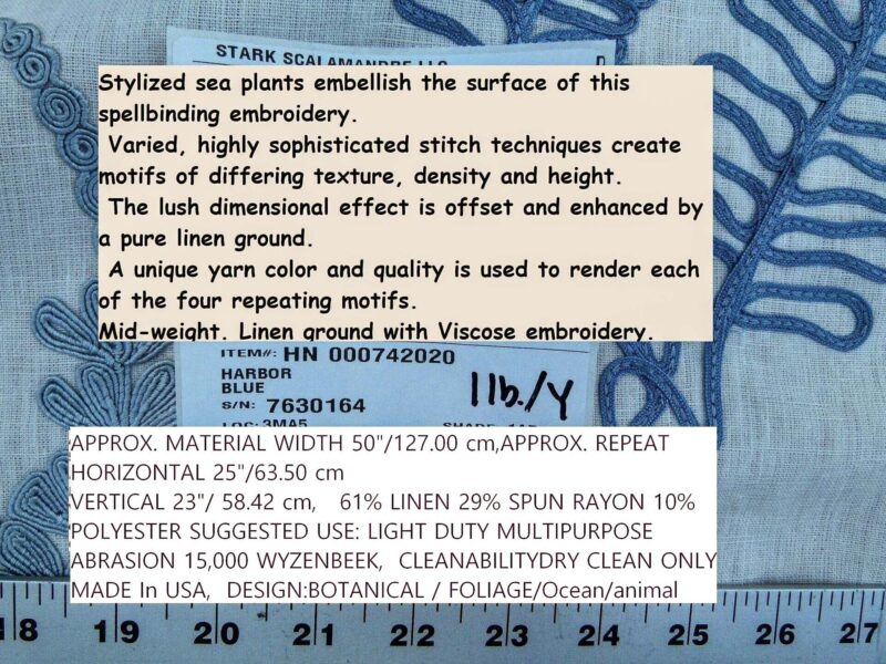 P1100888 Scalamandre Harbor Blue Seaweeds Ocean Plants Coral Reef Embroidery Linen MSRP USD 288