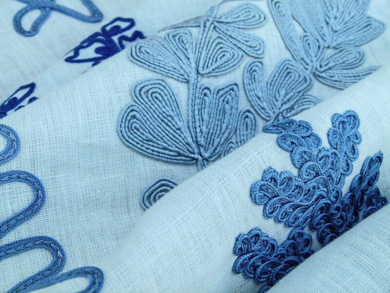 P1100893 Scalamandre Harbor Blue Seaweeds Ocean Plants Coral Reef Embroidery Linen MSRP USD 288