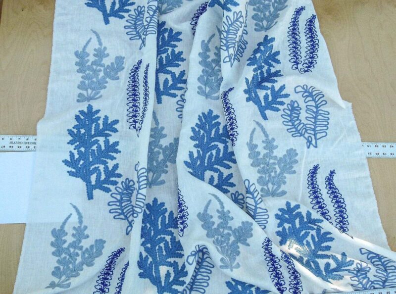 P1100894 Scalamandre Harbor Blue Seaweeds Ocean Plants Coral Reef Embroidery Linen MSRP USD 288
