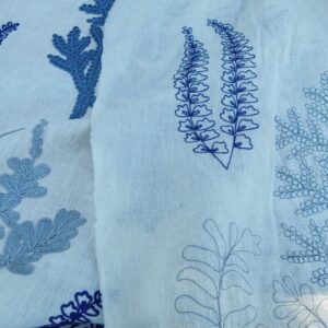 P1100896 Scalamandre Harbor Blue Seaweeds Ocean Plants Coral Reef Embroidery Linen MSRP USD 288