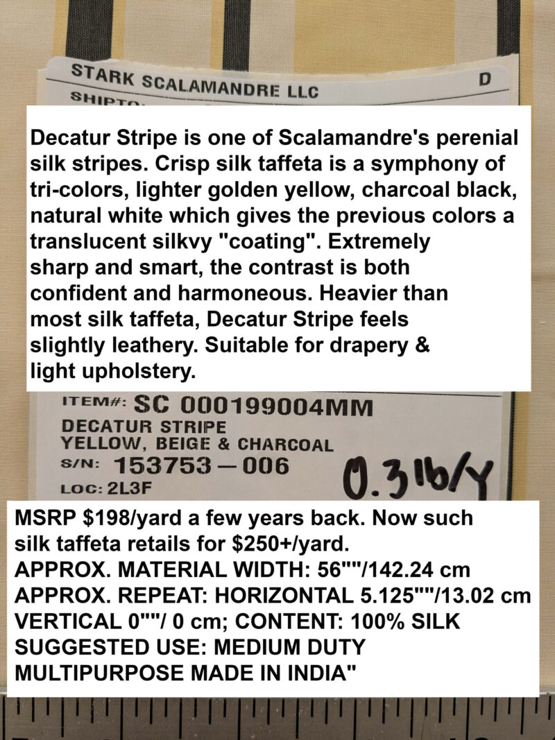 PXL_20240919_201513120 By yard Scalamandre Decatur Stripe Yellow Beige & Charcoal Black White Silk MSRP USD 198/y