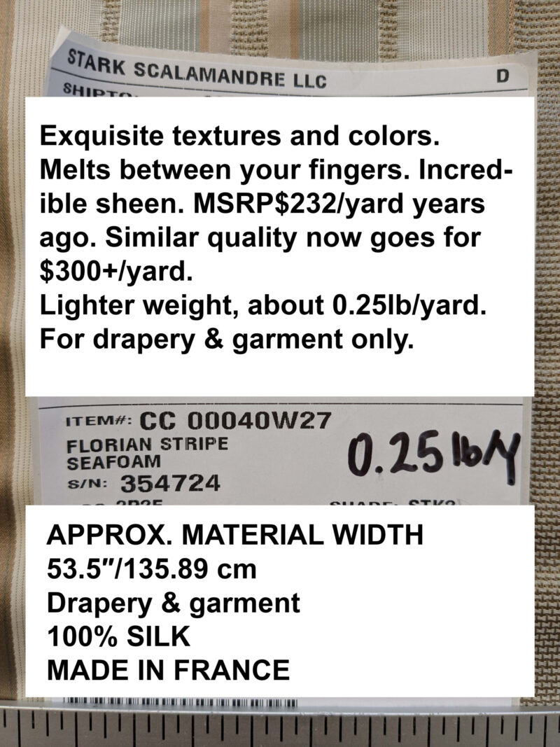 by yard Scalamandre Florian Stripe Sefoam Blue Green Silver Beige Silk Satin Semi Sheer MSRP USD 232/yard