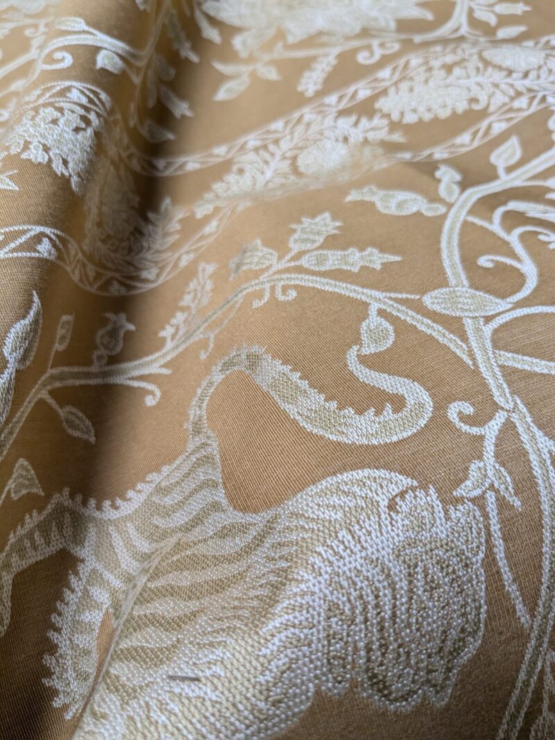 WhatsApp Image 2024-09-13 at 06.42.10_a0fbf2c5 By Yd Lee Jofa Kalabagh Weave Curry Burnt Gold Tiger Sniffs Rose MSRP USD 259/y Border One Side