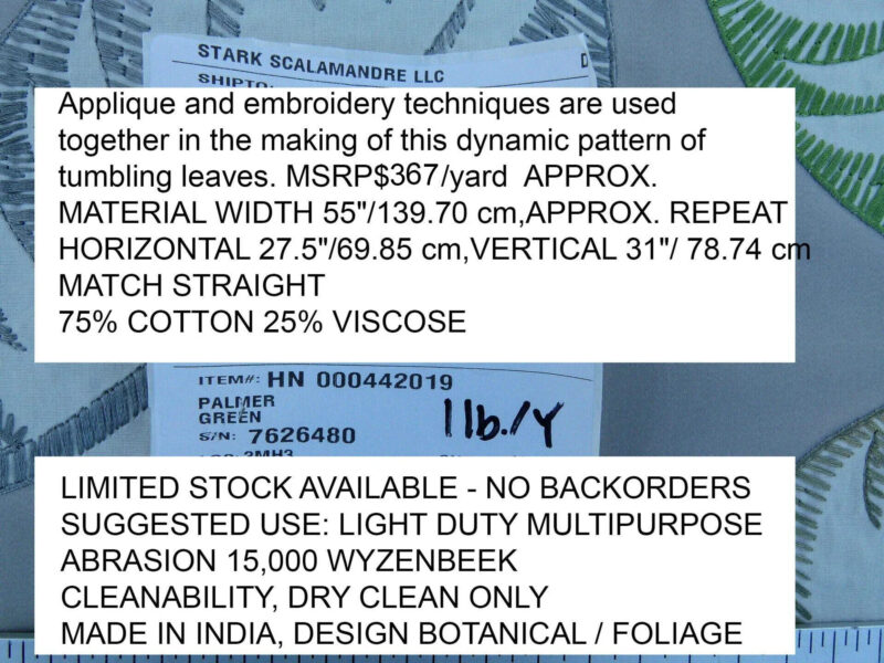 P1100347 Scalamandre Palmer Green Applique And Embroidery Leaves Pattern Blue by Hinson MSRP USD 367/y