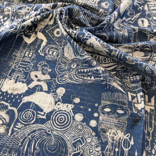 PXL_20240925_173347207 12 EV38 Scalamandre Jean Paul Gaultier Gothic Street Ho Indigo Blue White Graphite Abstract Graphic Historical Cotton 1.2yard MSRP USD538/y