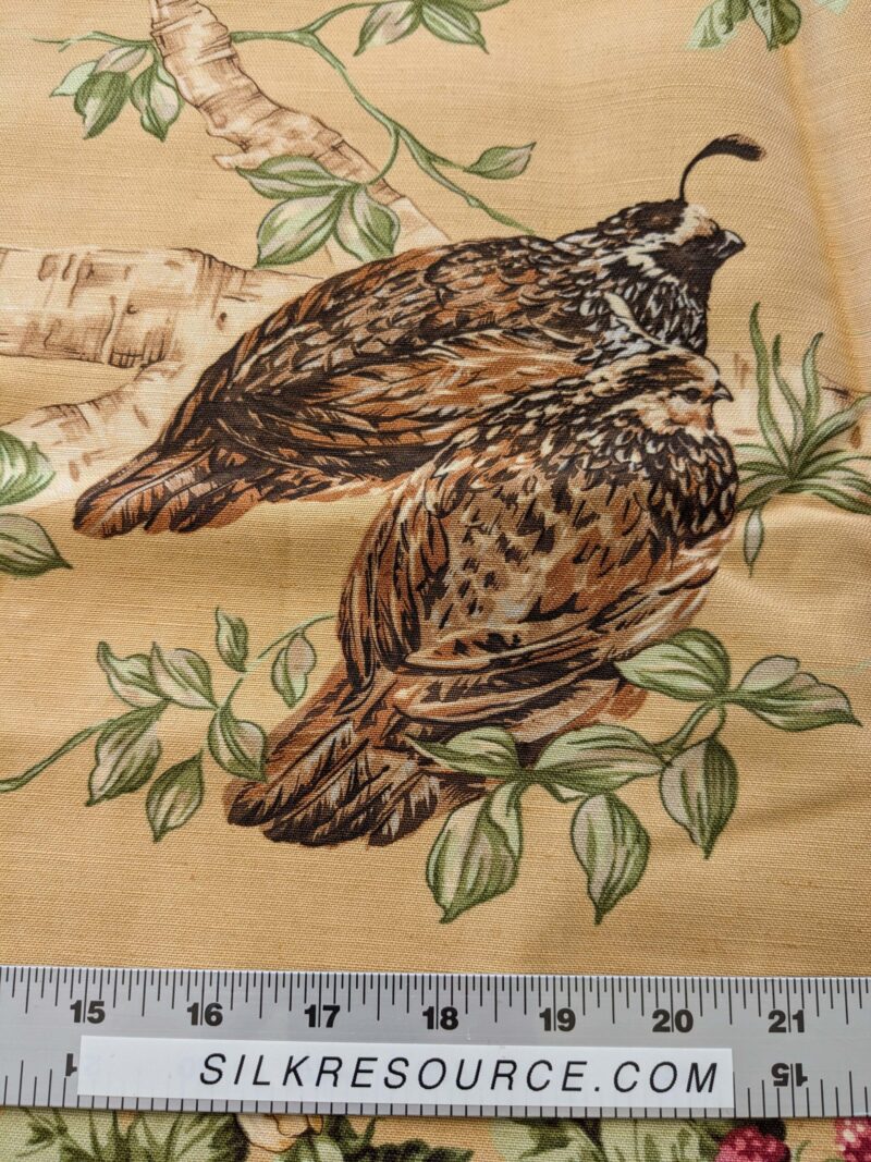 PXL_20240925_173959426 13 EV38 Scalamandre Upland Hand Printed Union Cloth Straw Yellow Floral Berry pheasant bird 1.2y x 53"