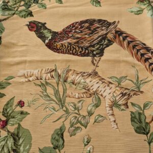 PXL_20240925_174004786 13 EV38 Scalamandre Upland Hand Printed Union Cloth Straw Yellow Floral Berry pheasant bird 1.2y x 53"