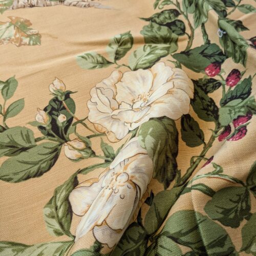 PXL_20240925_174011444 13 EV38 Scalamandre Upland Hand Printed Union Cloth Straw Yellow Floral Berry pheasant bird 1.2y x 53"
