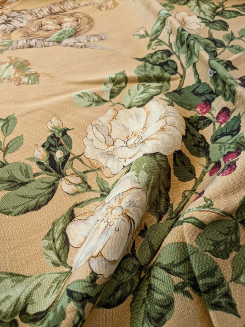 PXL_20240925_174011444 13 EV38 Scalamandre Upland Hand Printed Union Cloth Straw Yellow Floral Berry pheasant bird 1.2y x 53"