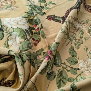 PXL_20240925_174121405 13 EV38 Scalamandre Upland Hand Printed Union Cloth Straw Yellow Floral Berry pheasant bird 1.2y x 53"