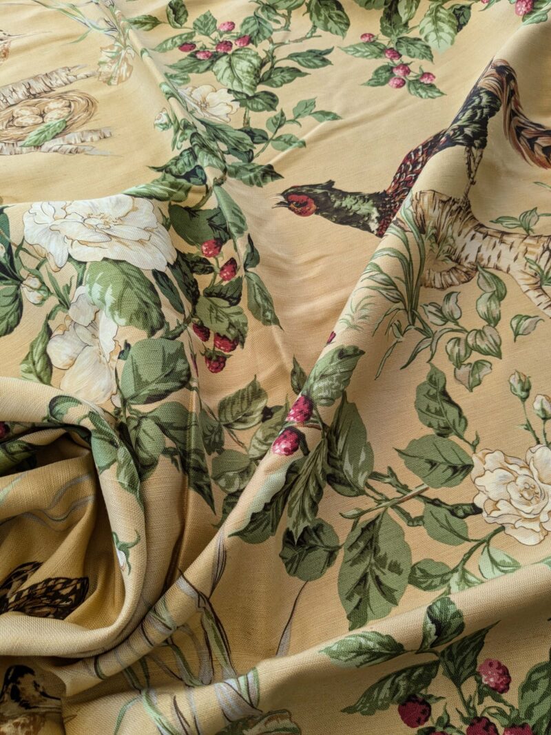 PXL_20240925_174121405 13 EV38 Scalamandre Upland Hand Printed Union Cloth Straw Yellow Floral Berry pheasant bird 1.2y x 53"