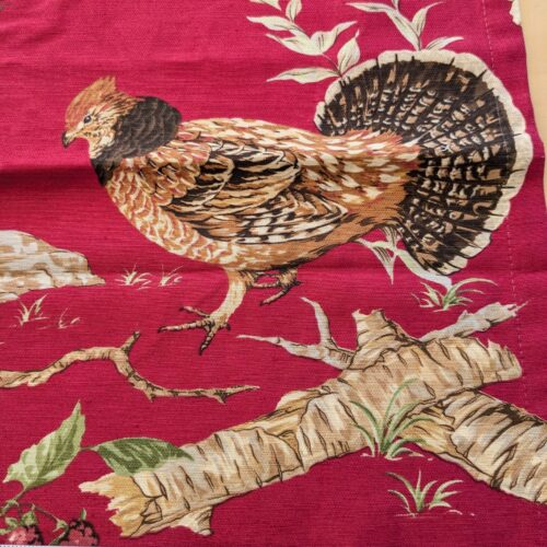 PXL_20240925_174312304 14 EV38 Scalamandre Upland Hand Printed Union Cloth Straw Red Floral Bird Turkey Country Toile 1y x 53" wide