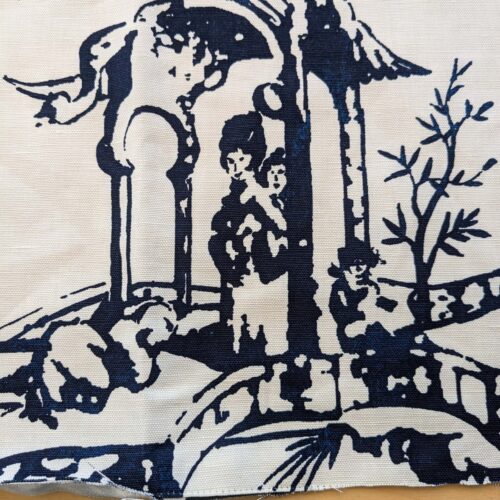 PXL_20240925_184705877 27 EV38 Scalamandre Summer Palace Porcelain Blue White Chinoiserie Scenic Toile MSRP USD 262/y 1.2y with cut out