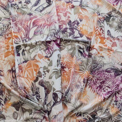 PXL_20240925_205316634 38 EV38 1.2y Fischbacher Benu Splash Citrus Berry Orange Pink Blue White Jungle Bird Floral Print Polyester MSRP USD 300+/y