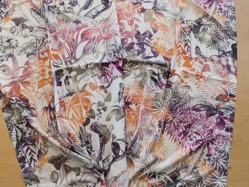 PXL_20240925_205316634 38 EV38 1.2y Fischbacher Benu Splash Citrus Berry Orange Pink Blue White Jungle Bird Floral Print Polyester MSRP USD 300+/y