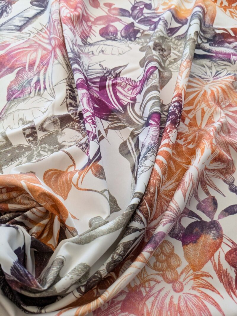 PXL_20240925_205323183 38 EV38 1.2y Fischbacher Benu Splash Citrus Berry Orange Pink Blue White Jungle Bird Floral Print Polyester MSRP USD 300+/y