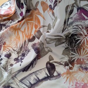 PXL_20240925_205327749 38 EV38 1.2y Fischbacher Benu Splash Citrus Berry Orange Pink Blue White Jungle Bird Floral Print Polyester MSRP USD 300+/y