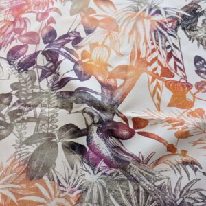 PXL_20240925_205345078 38 EV38 1.2y Fischbacher Benu Splash Citrus Berry Orange Pink Blue White Jungle Bird Floral Print Polyester MSRP USD 300+/y