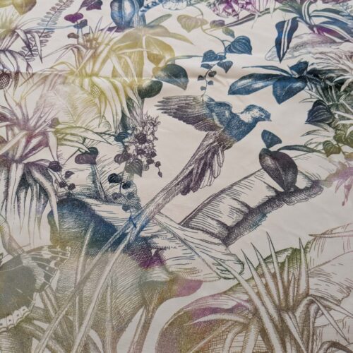 PXL_20240925_205606785 39 EV38 1.2y Christian Fischbacher Benu Splash Midnight Plum Jungle Bird Berry Purple Blue White Bird Floral Print Polyester MSRP USD 300+/y
