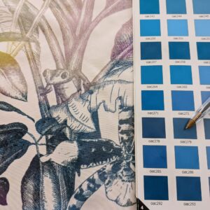 PXL_20240925_205635016 39 EV38 1.2y Christian Fischbacher Benu Splash Midnight Plum Jungle Bird Berry Purple Blue White Bird Floral Print Polyester MSRP USD 300+/y