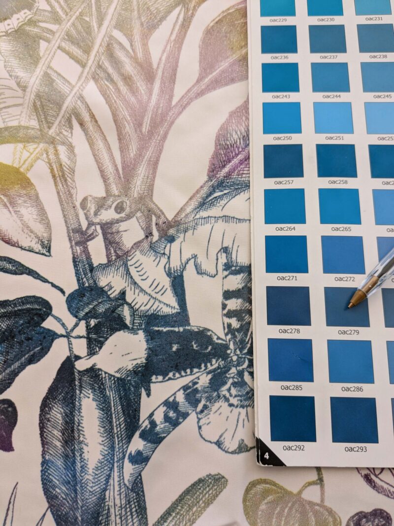 PXL_20240925_205635016 39 EV38 1.2y Christian Fischbacher Benu Splash Midnight Plum Jungle Bird Berry Purple Blue White Bird Floral Print Polyester MSRP USD 300+/y