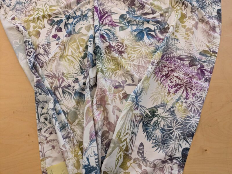 PXL_20240925_205644832 39 EV38 1.2y Christian Fischbacher Benu Splash Midnight Plum Jungle Bird Berry Purple Blue White Bird Floral Print Polyester MSRP USD 300+/y