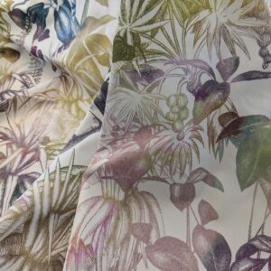 PXL_20240925_205651366 39 EV38 1.2y Christian Fischbacher Benu Splash Midnight Plum Jungle Bird Berry Purple Blue White Bird Floral Print Polyester MSRP USD 300+/y