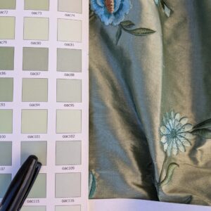 PXL_20241003_173819906 10 EV42 2.4y x 54"w Scalamandre Chahna in Day Lily Gray Silk Embroidery Blue Green Brown daisy Rose Vine & Flower MSRP USD344/y