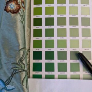 PXL_20241003_173905047 10 EV42 2.4y x 54"w Scalamandre Chahna in Day Lily Gray Silk Embroidery Blue Green Brown daisy Rose Vine & Flower MSRP USD344/y