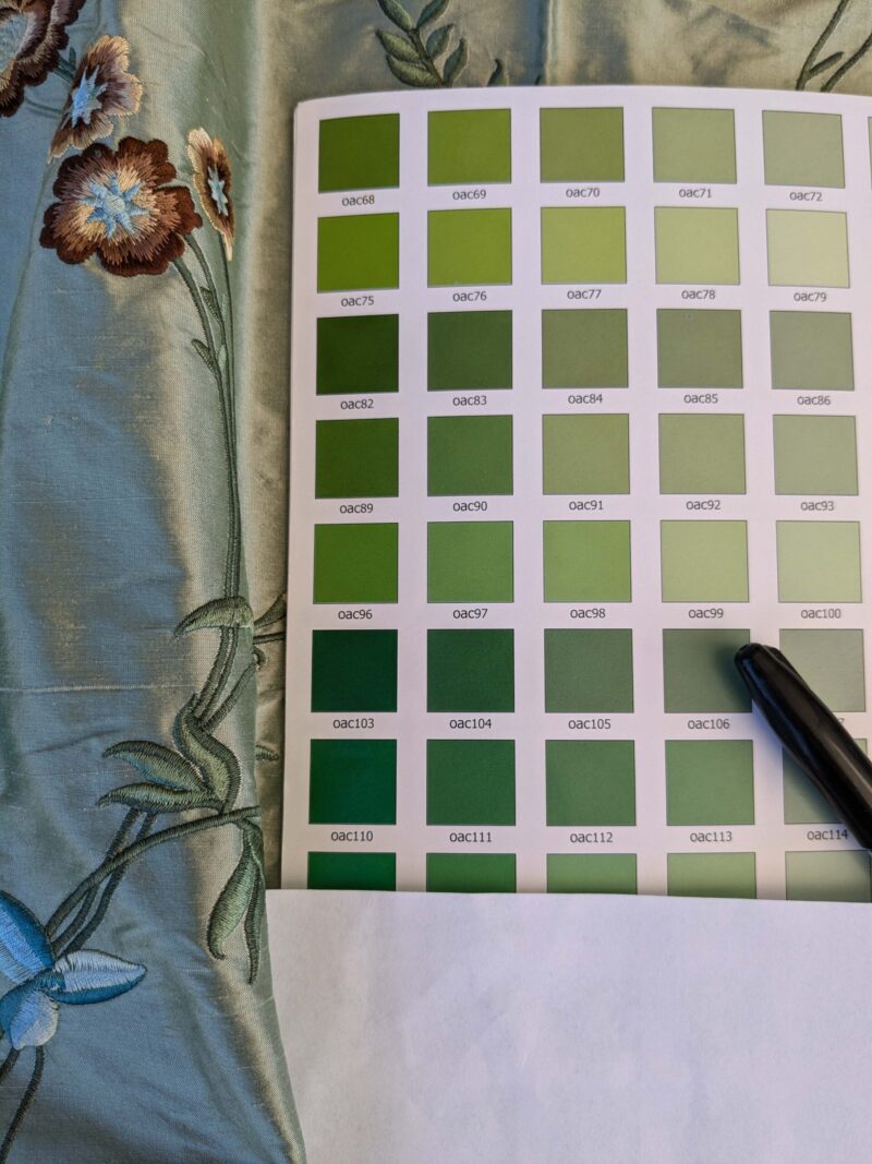 PXL_20241003_173905047 10 EV42 2.4y x 54"w Scalamandre Chahna in Day Lily Gray Silk Embroidery Blue Green Brown daisy Rose Vine & Flower MSRP USD344/y