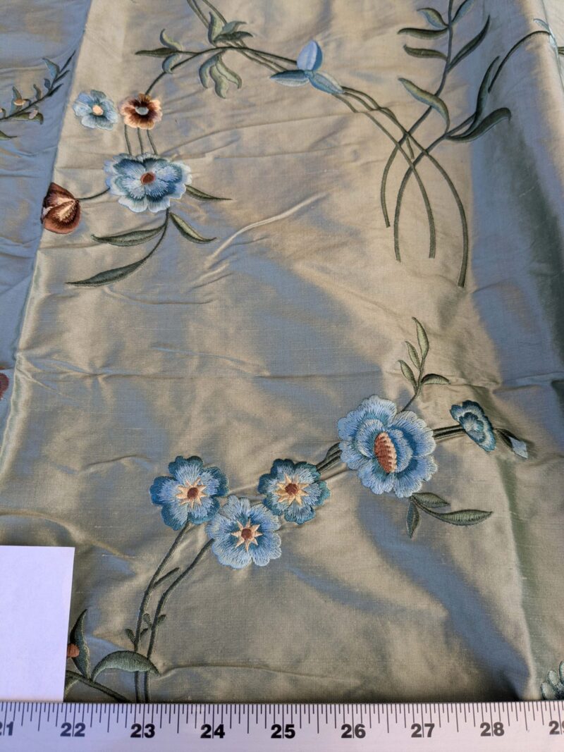 PXL_20241003_173940076 10 EV42 2.4y x 54"w Scalamandre Chahna in Day Lily Gray Silk Embroidery Blue Green Brown daisy Rose Vine & Flower MSRP USD344/y