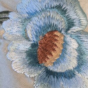 PXL_20241003_174006381 10 EV42 2.4y x 54"w Scalamandre Chahna in Day Lily Gray Silk Embroidery Blue Green Brown daisy Rose Vine & Flower MSRP USD344/y