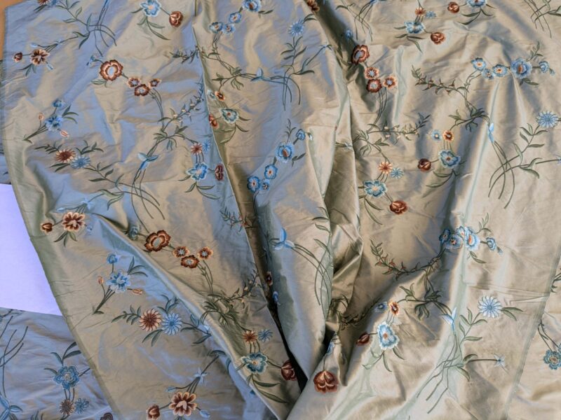 PXL_20241003_174031870 10 EV42 2.4y x 54"w Scalamandre Chahna in Day Lily Gray Silk Embroidery Blue Green Brown daisy Rose Vine & Flower MSRP USD344/y