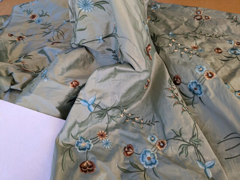 PXL_20241003_174051468 10 EV42 2.4y x 54"w Scalamandre Chahna in Day Lily Gray Silk Embroidery Blue Green Brown daisy Rose Vine & Flower MSRP USD344/y
