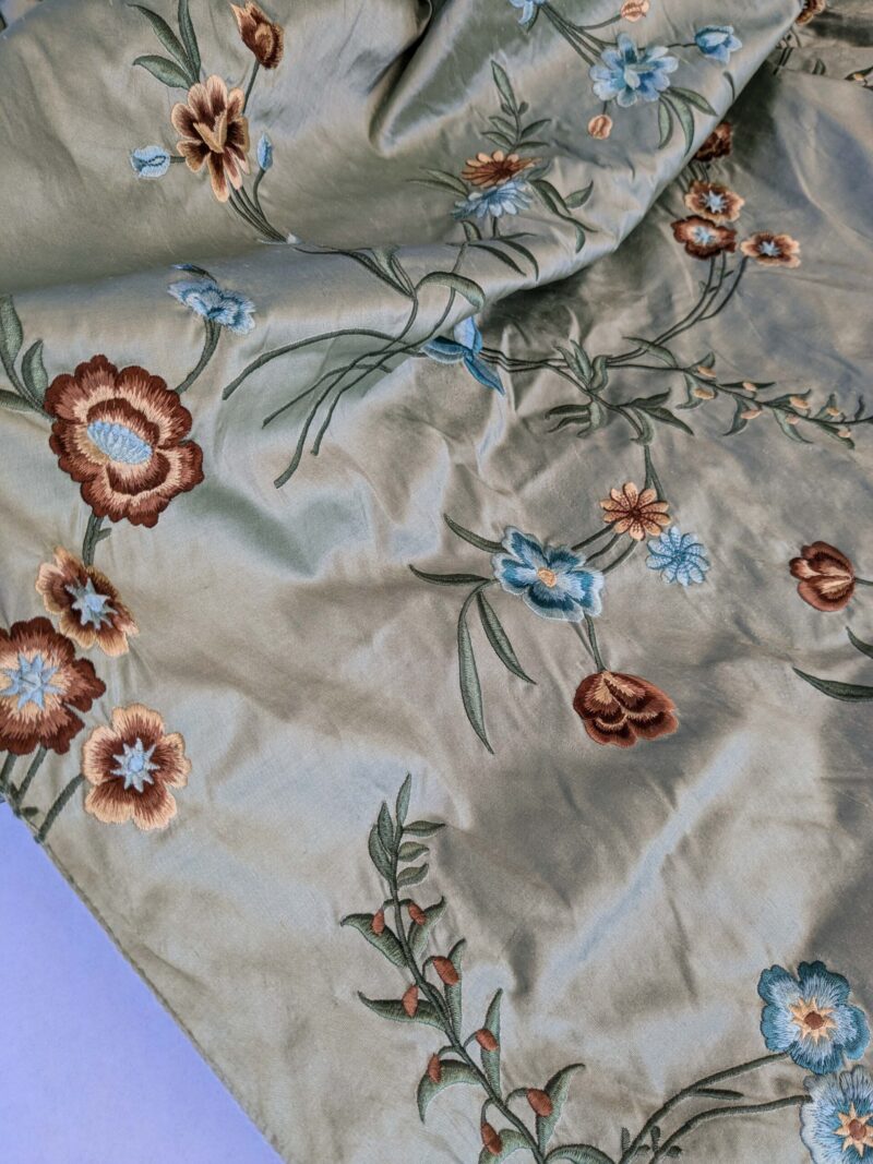PXL_20241003_174107507 10 EV42 2.4y x 54"w Scalamandre Chahna in Day Lily Gray Silk Embroidery Blue Green Brown daisy Rose Vine & Flower MSRP USD344/y