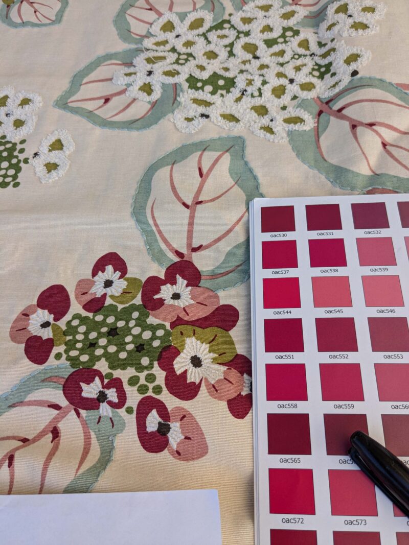 PXL_20241008_190049763 1 EV44 1.2y x 58"w Scalamandre Miranda Red Violet Floral Cotton Print Embroidery MSRP USD646/Yard