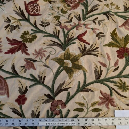 PXL_20241008_193648789 10 EV44 2.6yd x 60"w Scalamandre Old World Weavers Floribunda Floral Botanical Tree Foliage Brown Green Red on Beige Embroidery Historical MSRP US 400+/Y