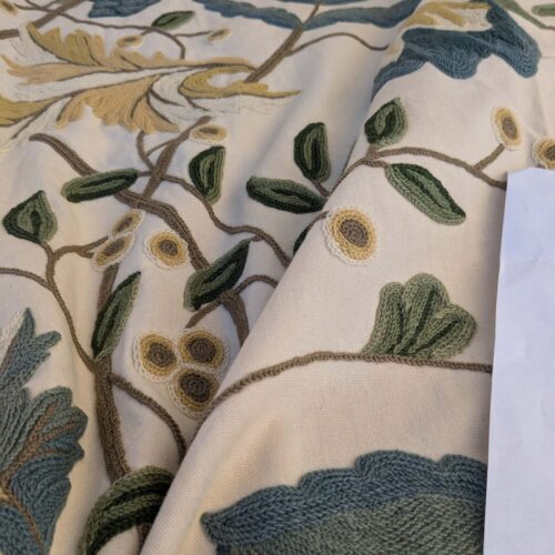 PXL_20241008_195444175 2.2yd x 55" Scalamandre Antoine Blue and White Wool Crewel on Cotton Embroidery  MSRP USD 338/Y 13 EV44