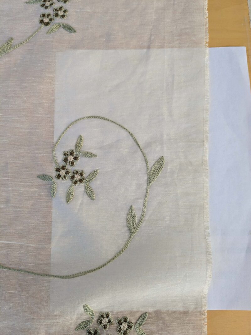 PXL_20241009_181515025 by yard Scalamandre Nirali Endive Dreamy Silk Linen Sheer with Embroidery Green on White Floral Silk Linen MSRP USD 238/y
