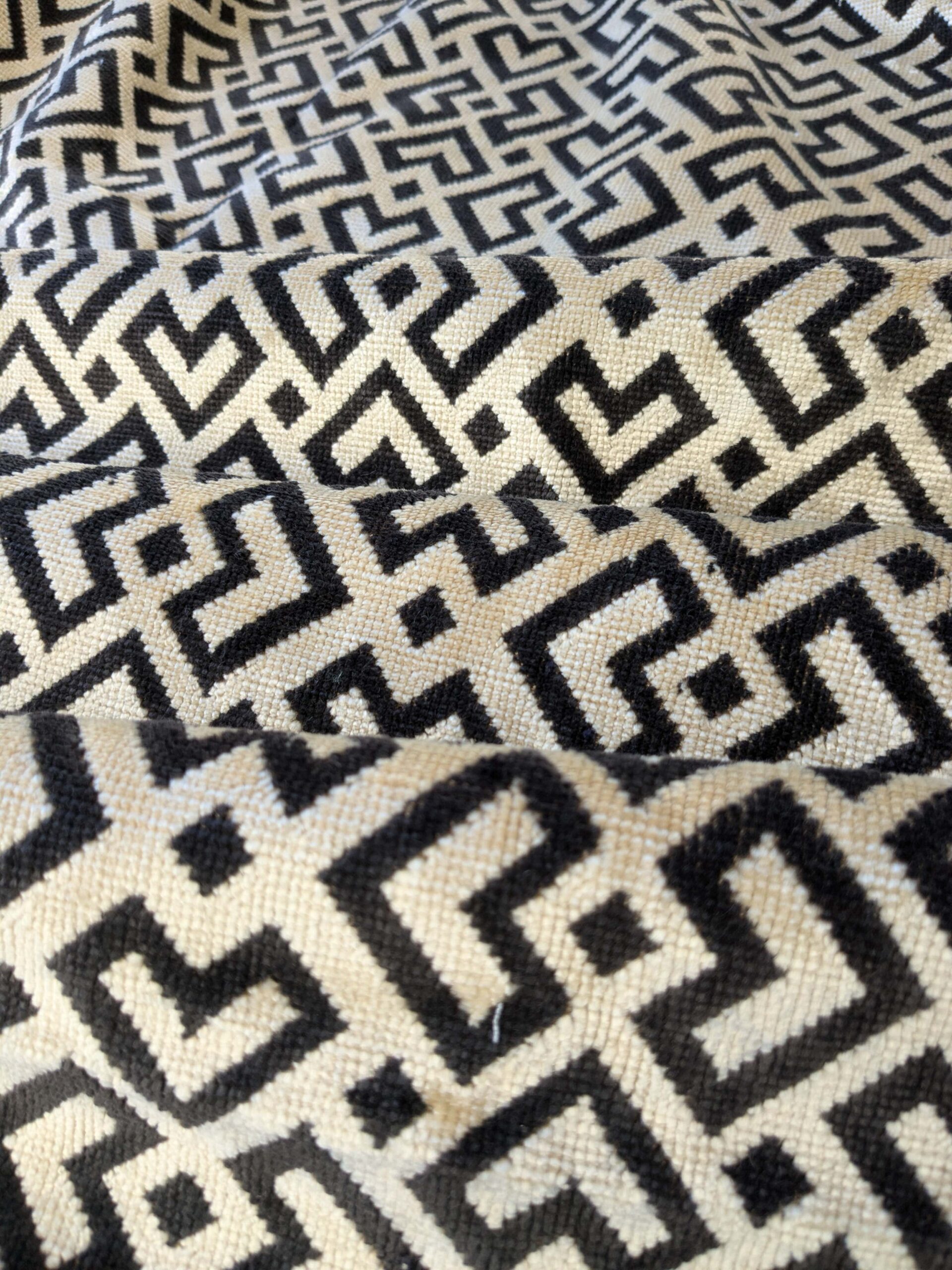 PXL_20241014_204547001 1 Berkbox64 Finished Drapery 2.4 yard Scalamandre  Colony Roma Raff Linen Velvet Geometric Brown and Beige MSRP USD 300+/Y