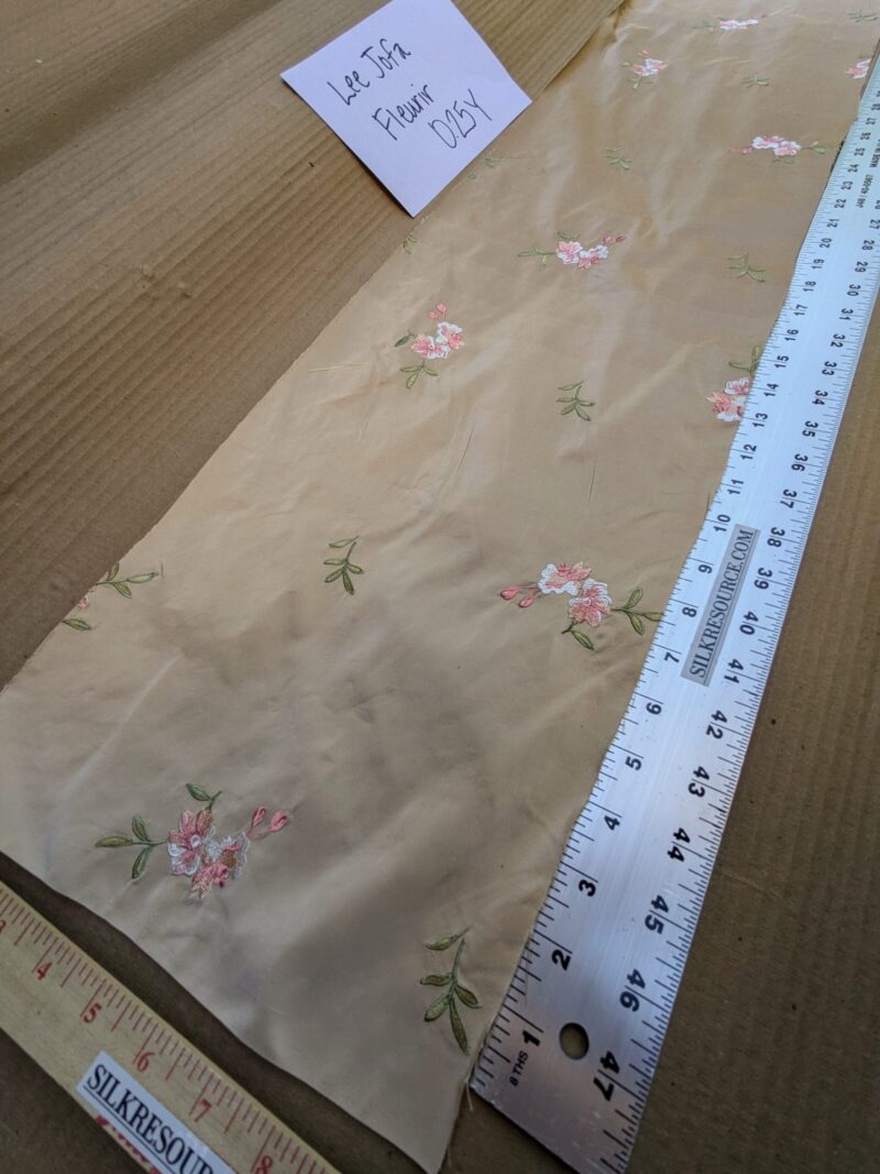 PXL_20241016_203029420 (1) 0.25 Y Lee Jofa Fleurir Silk Sand Pale Gold With Pink Flower Embroidery MSRPUSD188/Y