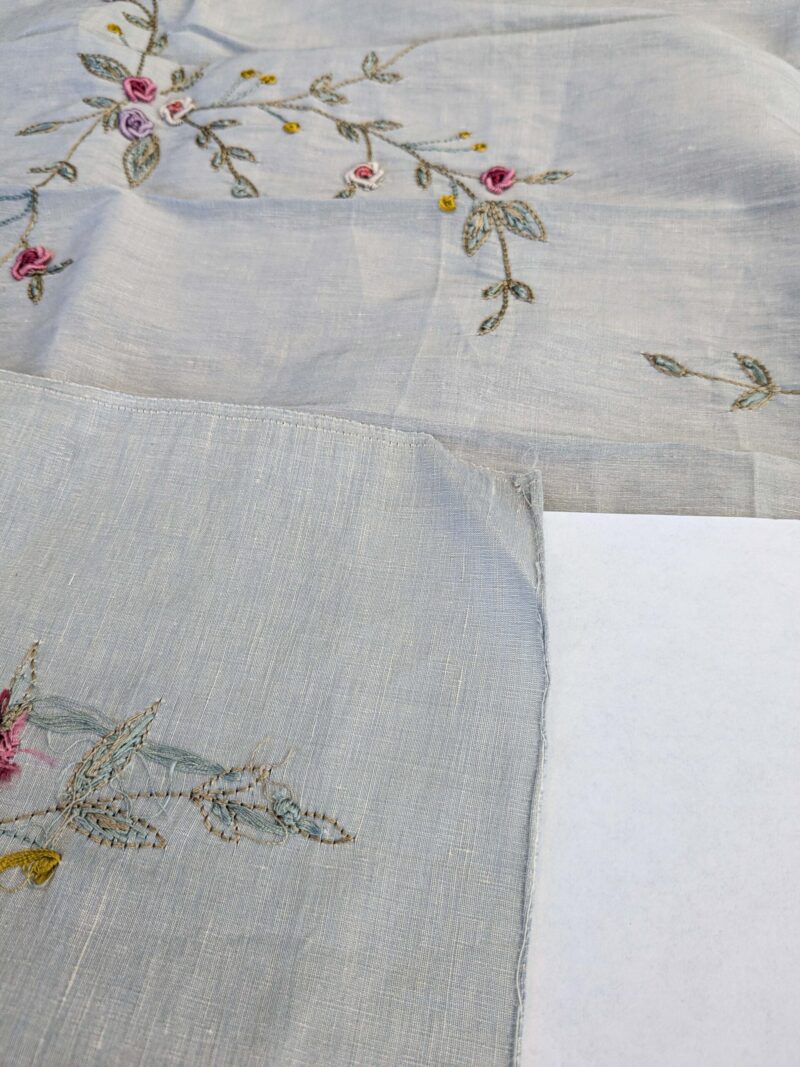 31 EV45 Silk Blend Square 33" x 26" Scalamandre Old World Weavers Nilima Barely Blue Delicate Floral Vine Linen Silk Embroidery