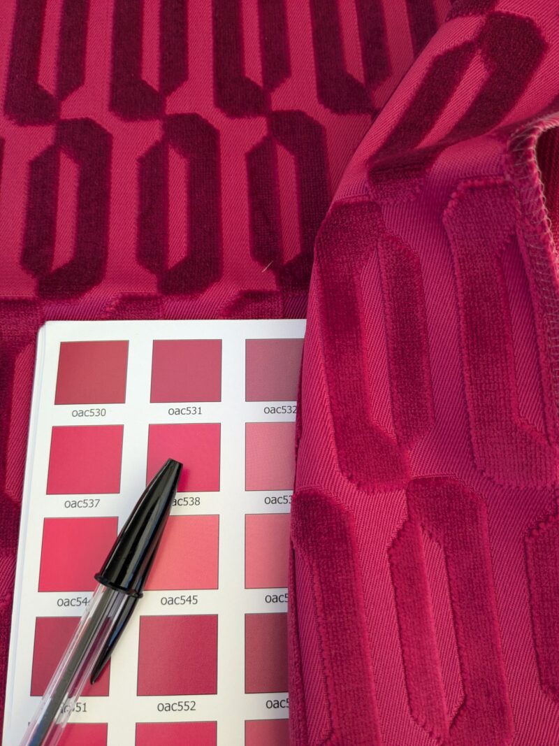 PXL_20241018_204054311 17 EV46 Velvet Square Scalamandre Lelievre Paris Typo M1 Red Polyester Geometric Graphic MSRP USD 474/y