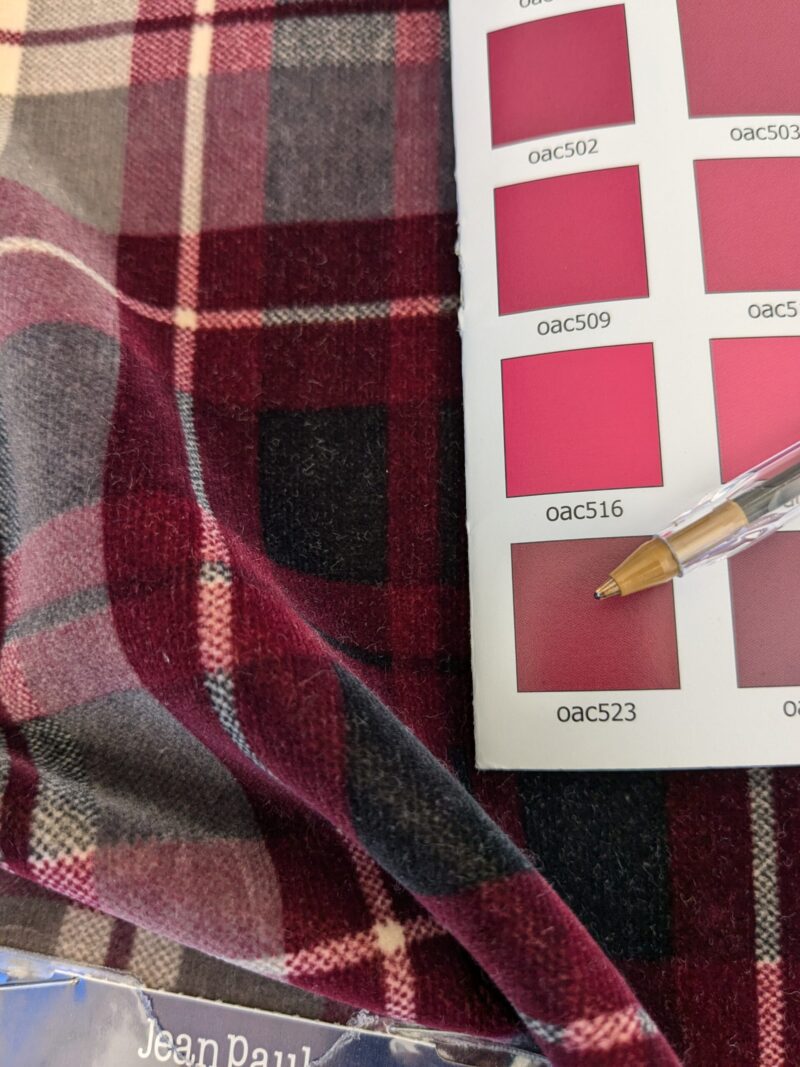 PXL_20241018_204446675 19 EV46 Velvet Square Scalamandre Jean Paul Gaultier Kilt Printed Velvet Bordeaux Red Beige Cotton Plaid MSRP USD622/y