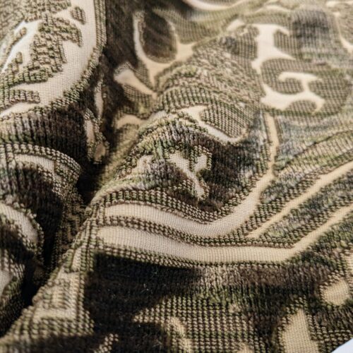 PXL_20241029_215742727 Magnifique Garden Scroll Cut Silk Velvet Smoke Fawn Brown Olive Green MSRP USD 1000+