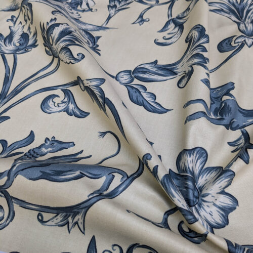 PXL_20250507_212332666 Bty Lee Jofa Dambura Print Monkey Griffin Indigo Deeper Blue Deer Music Toile Cotton Chintz