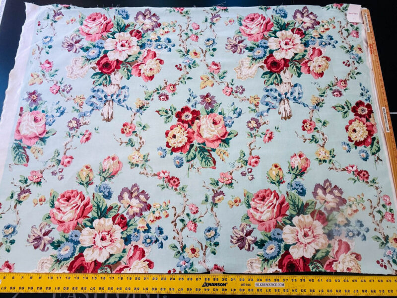 img_2351 Scalamandre Chatsworth Chintz Fh Aqua Blue Pink Red Green Multi Color Rose Peony Bouquet with Ribbon English Garden Historical Prints Bouquet USD 364/y