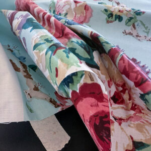 img_2353 Scalamandre Chatsworth Chintz Fh Aqua Blue Pink Red Green Multi Color Rose Peony Bouquet with Ribbon English Garden Historical Prints Bouquet USD 364/y